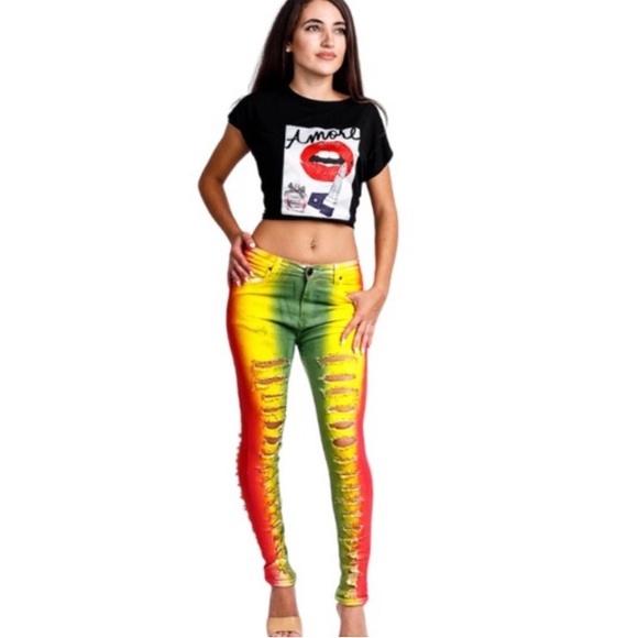 GLORY DENIM Tie Dye Ripped Jean - Red - Yellow - Green  size 15 - Picture 12 of 12